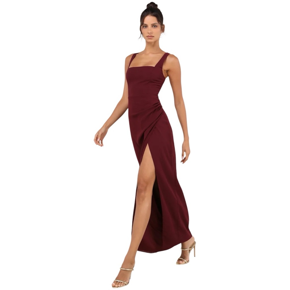 Lulus Glamorous Disposition Burgundy Ruched Maxi Dress- Small - Picture 4 of 4
